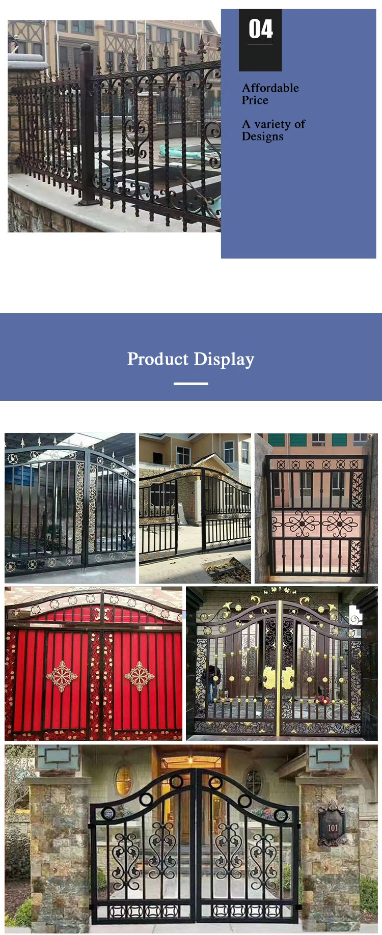 Multicolor Residential and Commercial Ornamental Wrought Iron Metal Garden Fencing Iron Gates